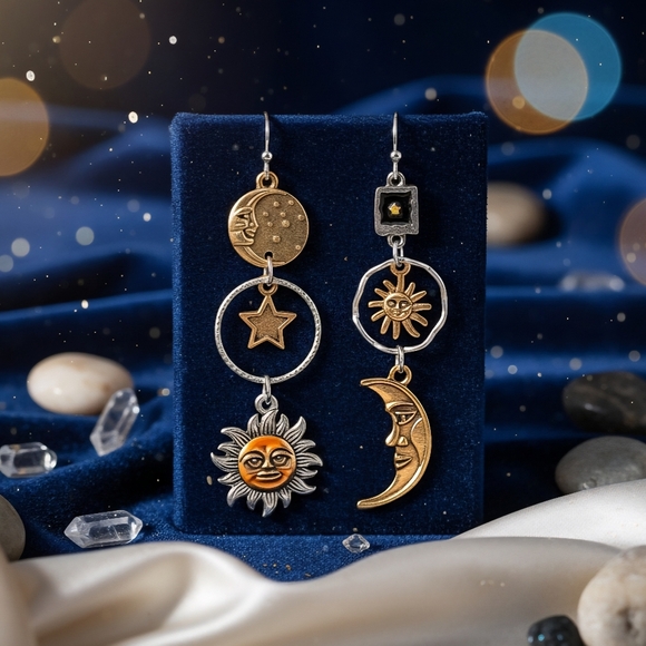 🆕️Boho Chic Sun Moon Star Asymmetrical Dangle Earrings | Celestial Vibes 🌞⭐ - Picture 1 of 8